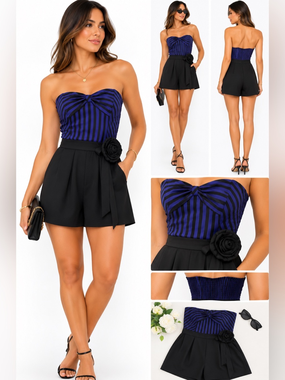 Anthropologie “Maeve” Blue & Black Tie-Waist Romper